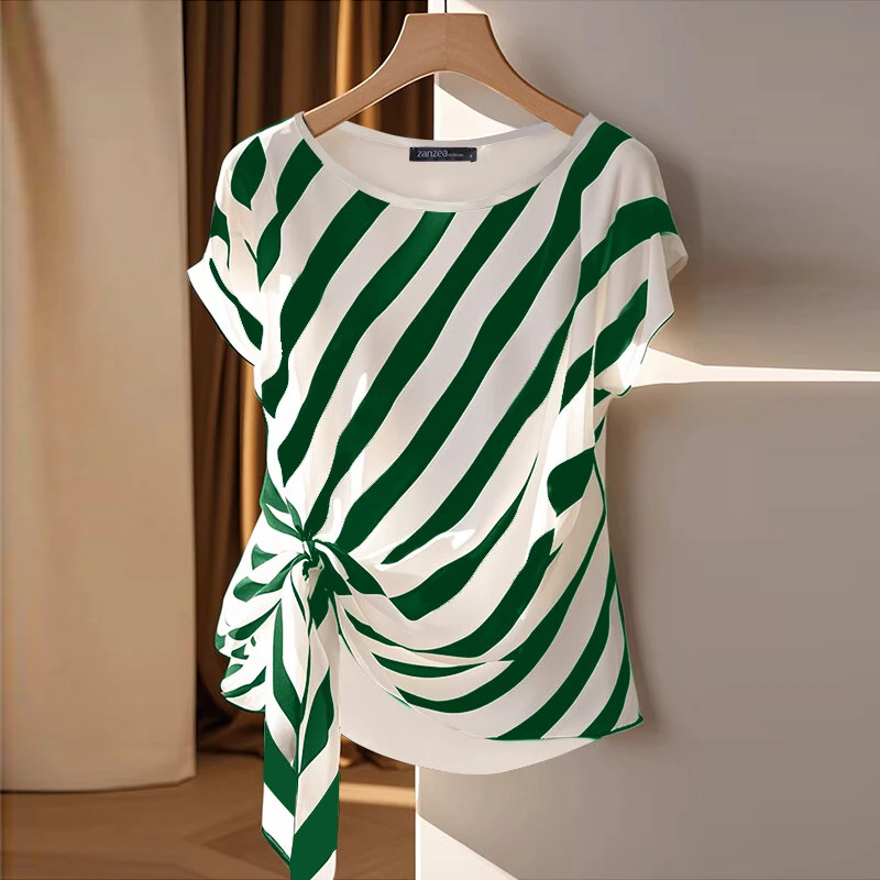 (image for) ZANZEA Women Striped Printed T-shirt Fashion Short Sleeve Tee Holiday Summer Holiday Belted Design Casual Simple Tops