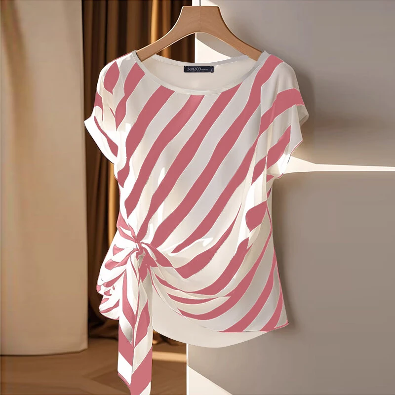 (image for) ZANZEA Women Striped Printed T-shirt Fashion Short Sleeve Tee Holiday Summer Holiday Belted Design Casual Simple Tops