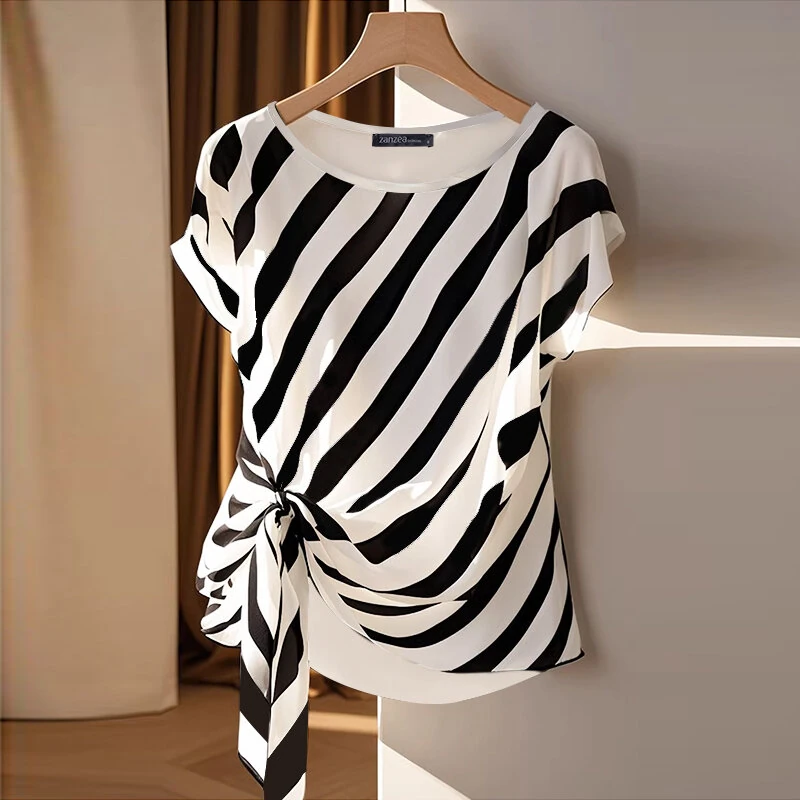 (image for) ZANZEA Women Striped Printed T-shirt Fashion Short Sleeve Tee Holiday Summer Holiday Belted Design Casual Simple Tops
