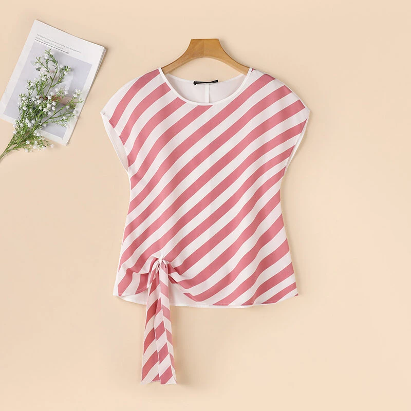 (image for) ZANZEA Women Striped Printed T-shirt Fashion Short Sleeve Tee Holiday Summer Holiday Belted Design Casual Simple Tops