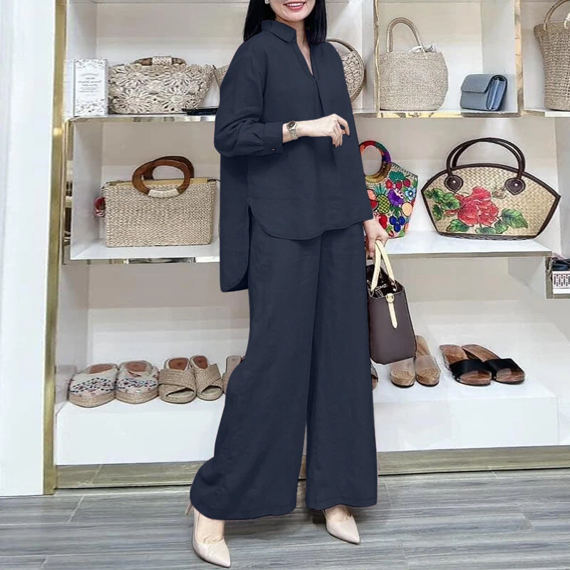 (image for) ZANZEA Women Suits - Long Sleeve Lantern Sleeve Elastic Waist Pants Wide Leg Pants with Pockets Casual Tops Trousers Two-Piece Set Plus Size