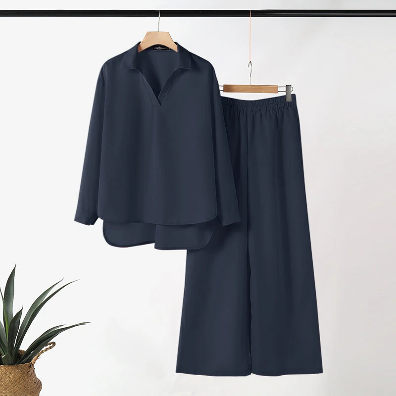 (image for) ZANZEA Women Suits - Long Sleeve Lantern Sleeve Elastic Waist Pants Wide Leg Pants with Pockets Casual Tops Trousers Two-Piece Set Plus Size