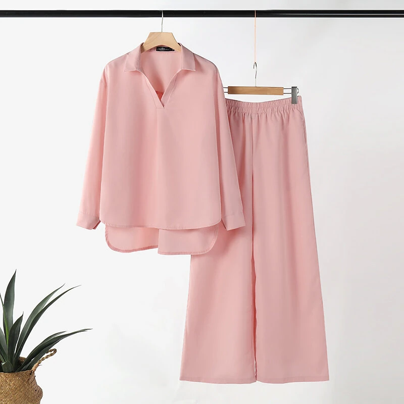 (image for) ZANZEA Women Suits - Long Sleeve Lantern Sleeve Elastic Waist Pants Wide Leg Pants with Pockets Casual Tops Trousers Two-Piece Set Plus Size