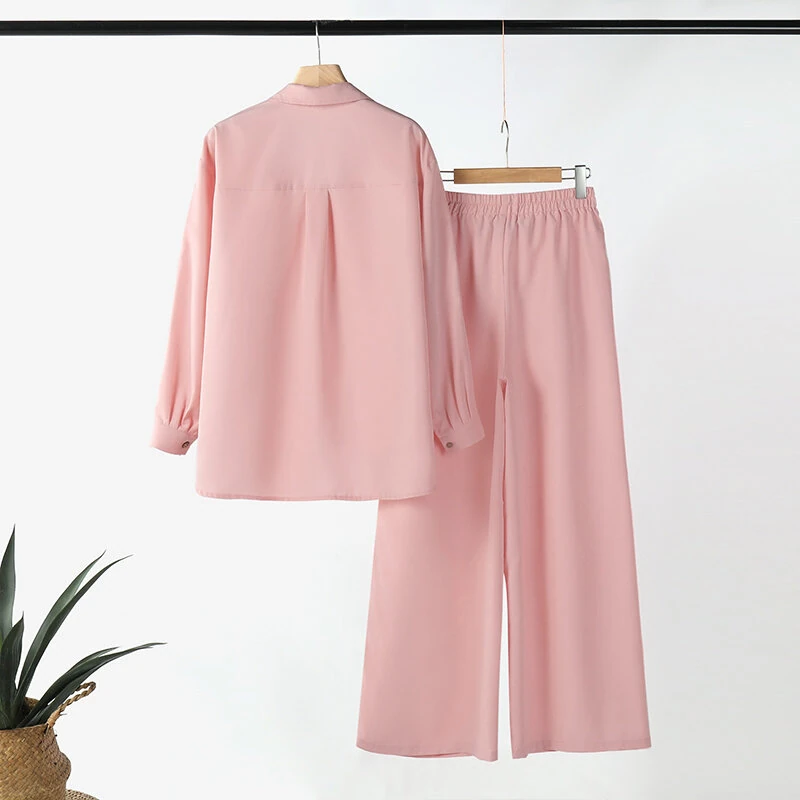 (image for) ZANZEA Women Suits - Long Sleeve Lantern Sleeve Elastic Waist Pants Wide Leg Pants with Pockets Casual Tops Trousers Two-Piece Set Plus Size