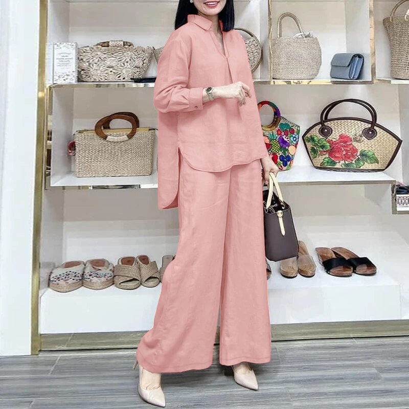 (image for) ZANZEA Women Suits - Long Sleeve Lantern Sleeve Elastic Waist Pants Wide Leg Pants with Pockets Casual Tops Trousers Two-Piece Set Plus Size