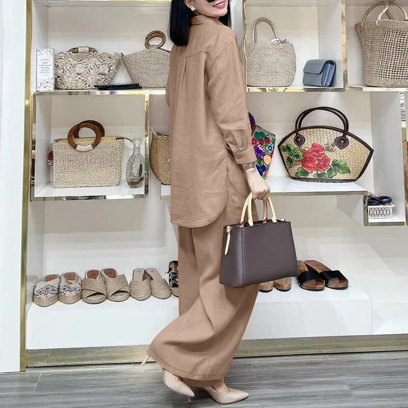 (image for) ZANZEA Women Suits - Long Sleeve Lantern Sleeve Elastic Waist Pants Wide Leg Pants with Pockets Casual Tops Trousers Two-Piece Set Plus Size