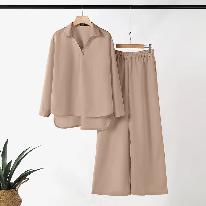 (image for) ZANZEA Women Suits - Long Sleeve Lantern Sleeve Elastic Waist Pants Wide Leg Pants with Pockets Casual Tops Trousers Two-Piece Set Plus Size
