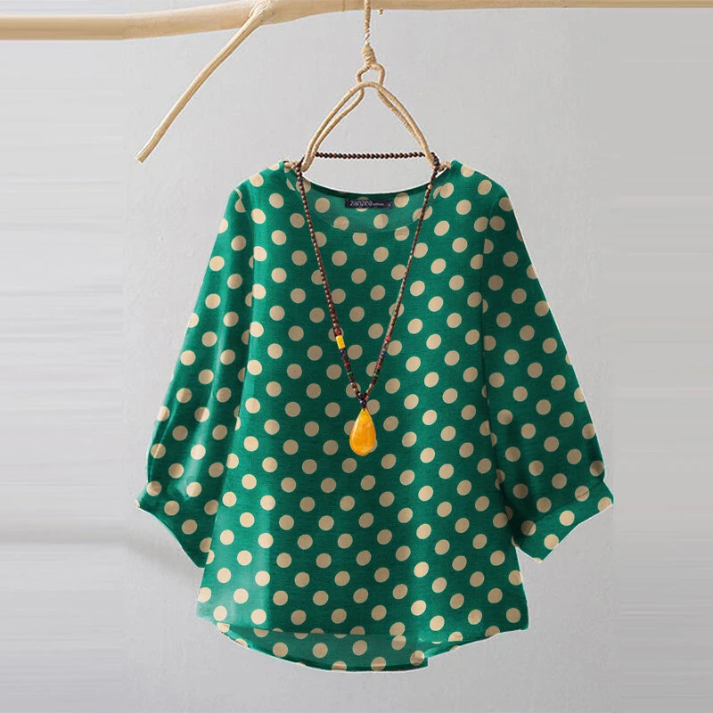 (image for) ZANZEA Women Summer Casual 3/4 Sleeve Blouses O Neck Polka Dot Loose Ladylike Shirt Top
