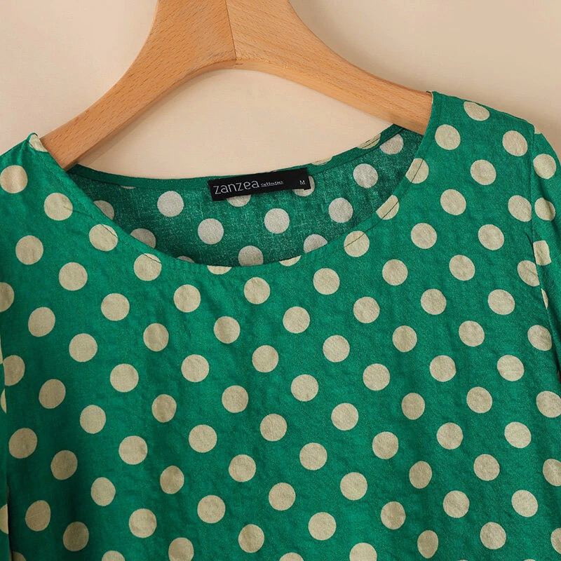 (image for) ZANZEA Women Summer Casual 3/4 Sleeve Blouses O Neck Polka Dot Loose Ladylike Shirt Top