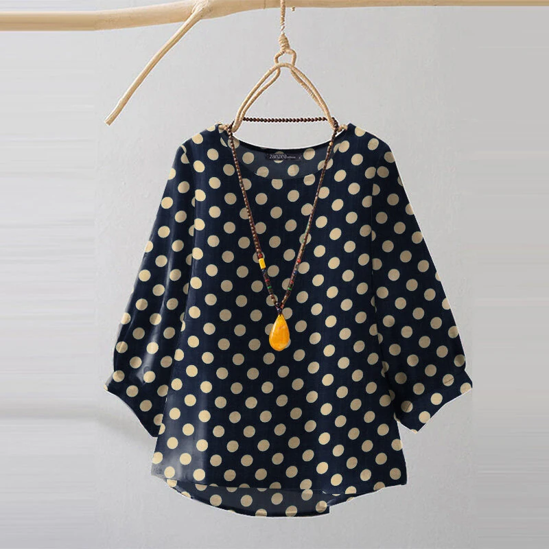 (image for) ZANZEA Women Summer Casual 3/4 Sleeve Blouses O Neck Polka Dot Loose Ladylike Shirt Top