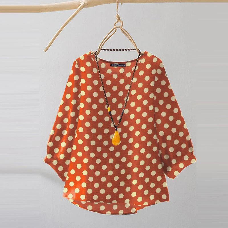 (image for) ZANZEA Women Summer Casual 3/4 Sleeve Blouses O Neck Polka Dot Loose Ladylike Shirt Top