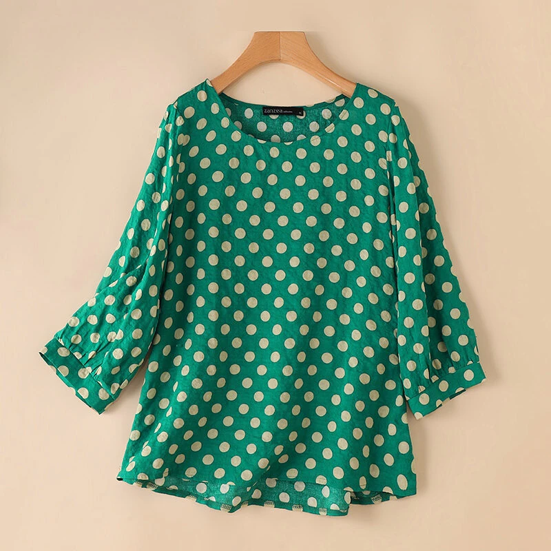 (image for) ZANZEA Women Summer Casual 3/4 Sleeve Blouses O Neck Polka Dot Loose Ladylike Shirt Top