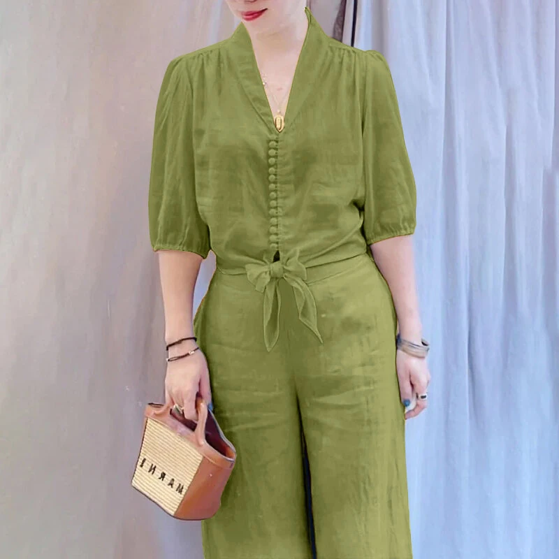 ZANZEA Women Summer Daily Two-Piece Set Stylish Bubble-sleeve Cotton Linen Top & Wide-leg Pants Casual Set Plus Size (image for) ZANZEA Women Summer Daily Two-Piece Set Stylish Bubble-sleeve Cotton Linen Top & Wide-leg Pants Casual Set Plus Size