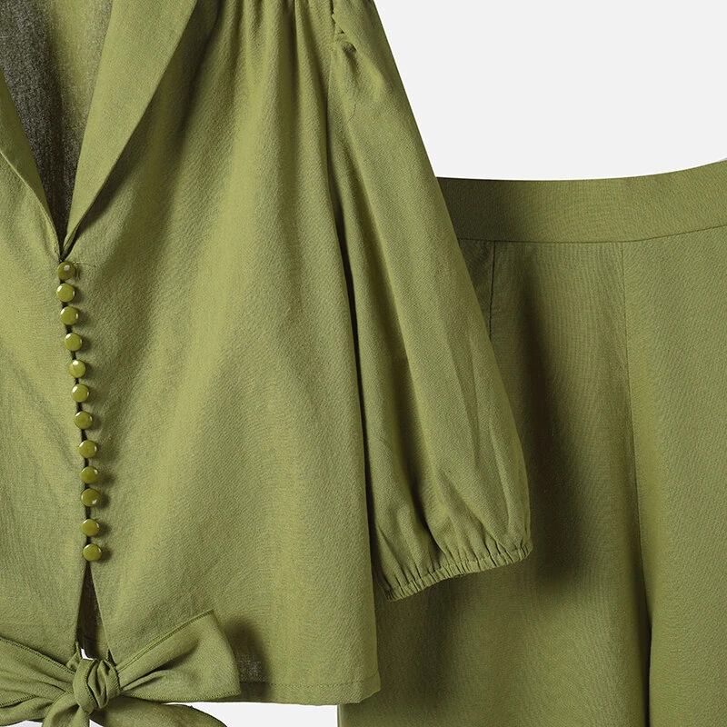 (image for) ZANZEA Women Summer Daily Two-Piece Set Stylish Bubble-sleeve Cotton Linen Top & Wide-leg Pants Casual Set Plus Size