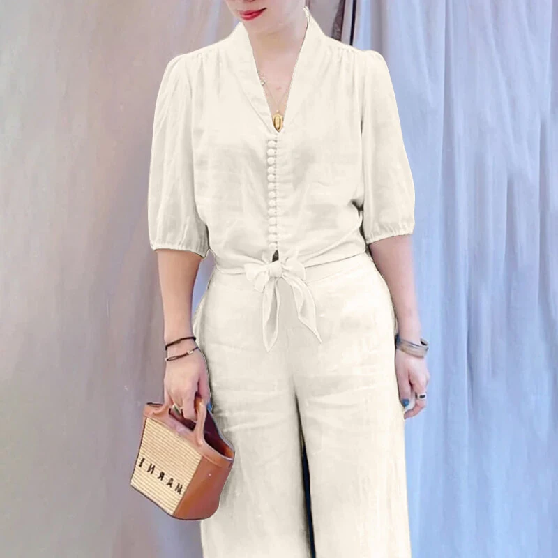 (image for) ZANZEA Women Summer Daily Two-Piece Set Stylish Bubble-sleeve Cotton Linen Top & Wide-leg Pants Casual Set Plus Size