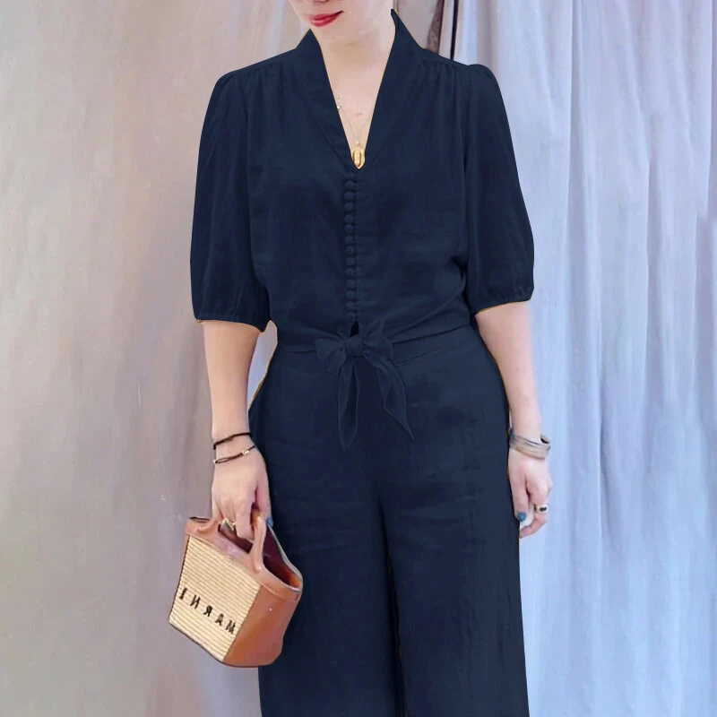 (image for) ZANZEA Women Summer Daily Two-Piece Set Stylish Bubble-sleeve Cotton Linen Top & Wide-leg Pants Casual Set Plus Size