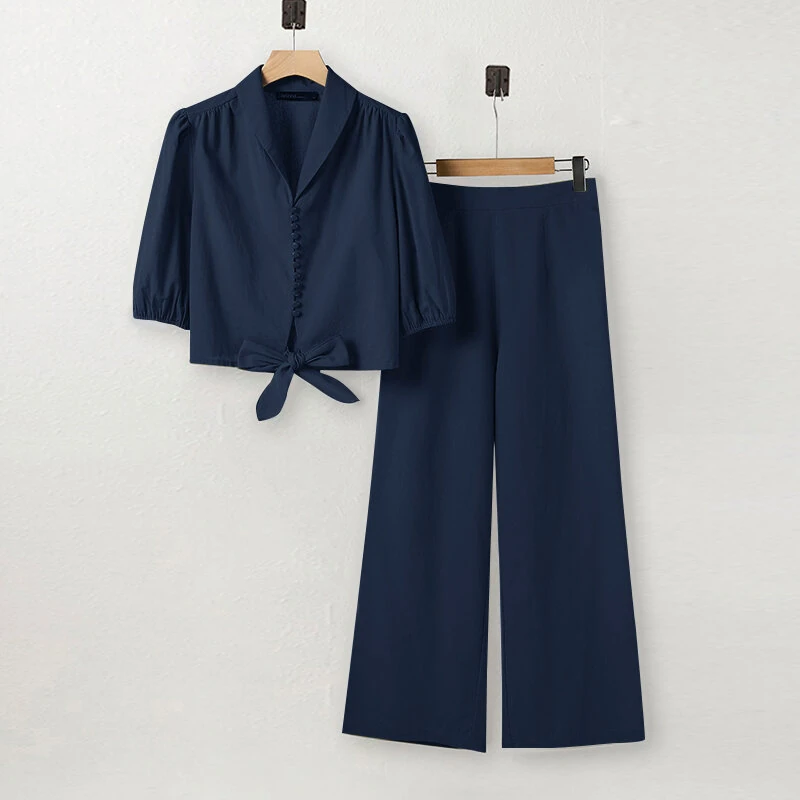 (image for) ZANZEA Women Summer Daily Two-Piece Set Stylish Bubble-sleeve Cotton Linen Top & Wide-leg Pants Casual Set Plus Size