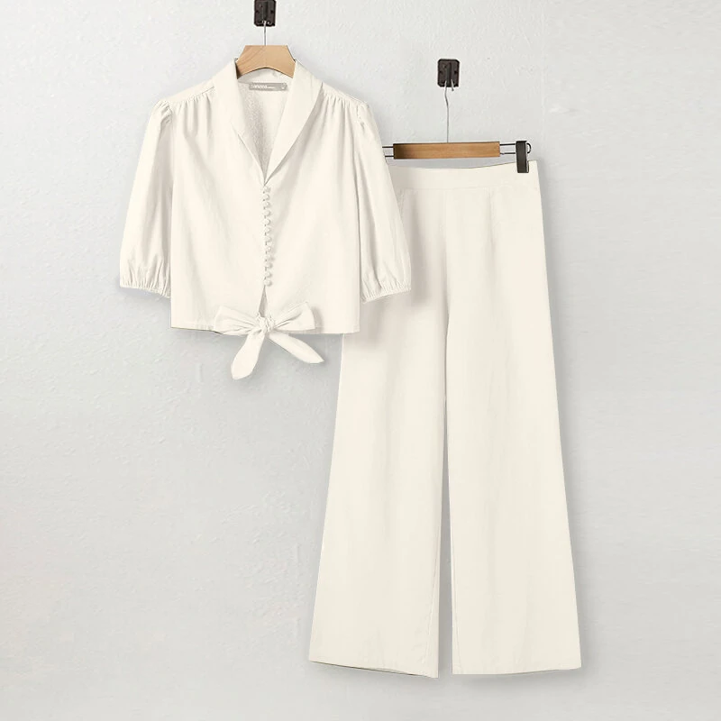 (image for) ZANZEA Women Summer Daily Two-Piece Set Stylish Bubble-sleeve Cotton Linen Top & Wide-leg Pants Casual Set Plus Size