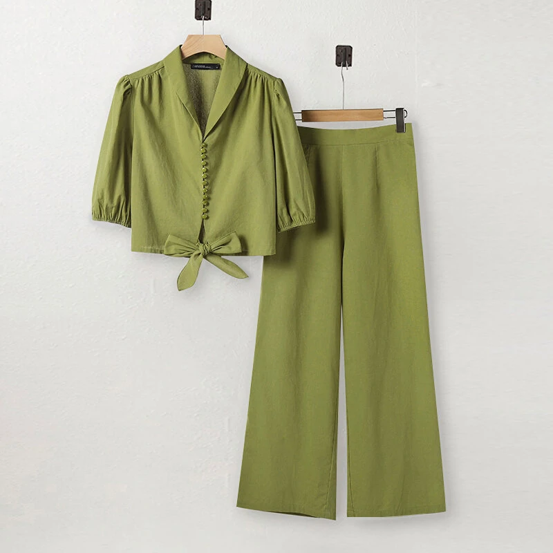 (image for) ZANZEA Women Summer Daily Two-Piece Set Stylish Bubble-sleeve Cotton Linen Top & Wide-leg Pants Casual Set Plus Size