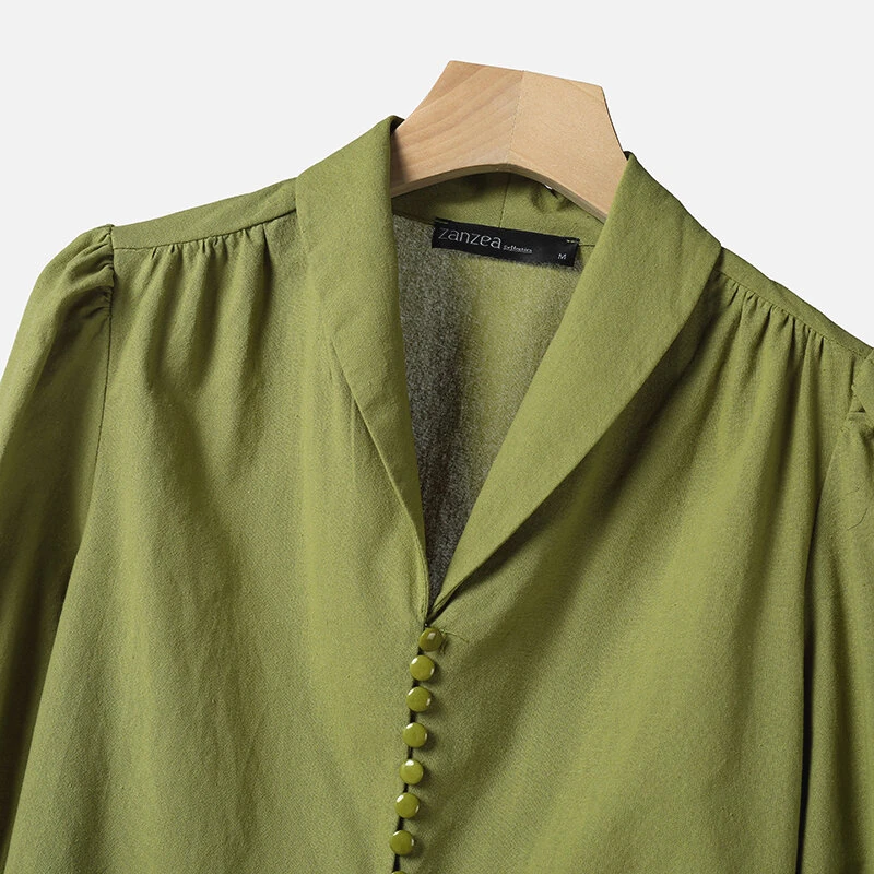 (image for) ZANZEA Women Summer Daily Two-Piece Set Stylish Bubble-sleeve Cotton Linen Top & Wide-leg Pants Casual Set Plus Size