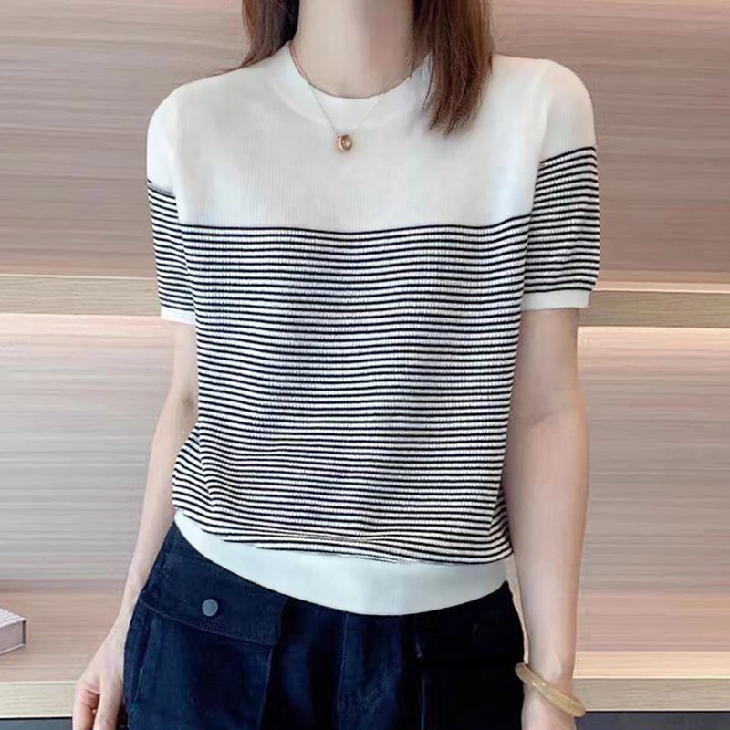 (image for) ZANZEA Women Summer T Shirt Vintage Striped Short Sleeve Tee Korean Fashion Round Neck Patchwork Tunics Casual Knitted Tops