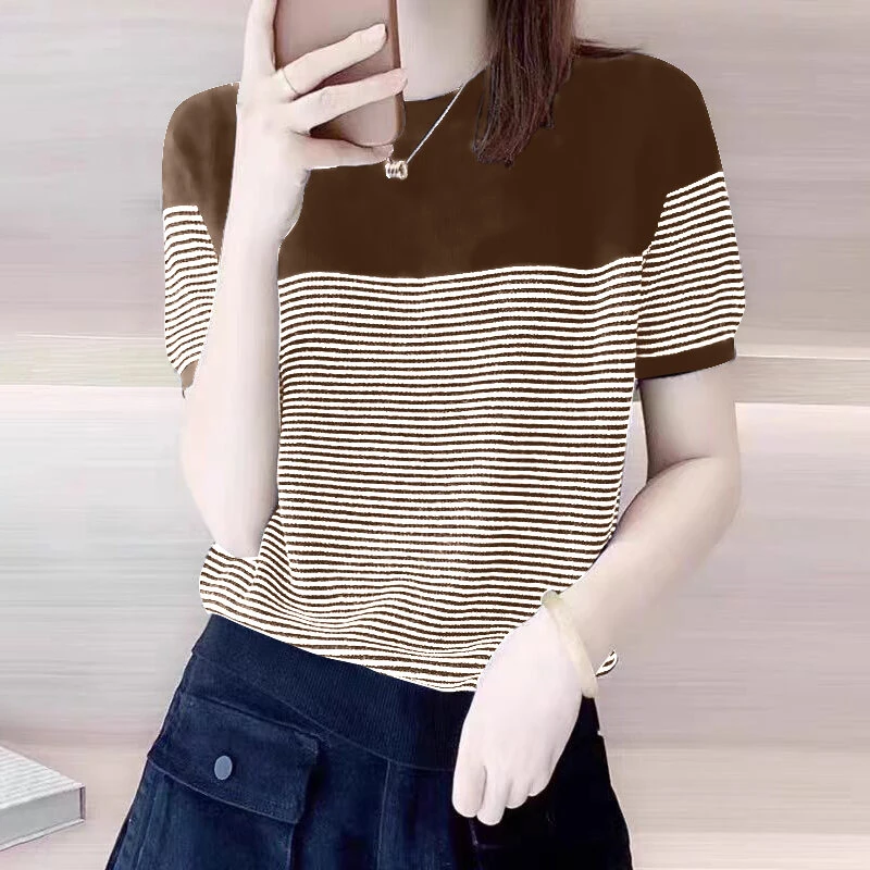 (image for) ZANZEA Women Summer T Shirt Vintage Striped Short Sleeve Tee Korean Fashion Round Neck Patchwork Tunics Casual Knitted Tops
