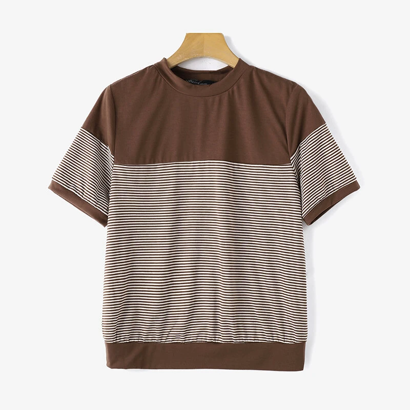(image for) ZANZEA Women Summer T Shirt Vintage Striped Short Sleeve Tee Korean Fashion Round Neck Patchwork Tunics Casual Knitted Tops