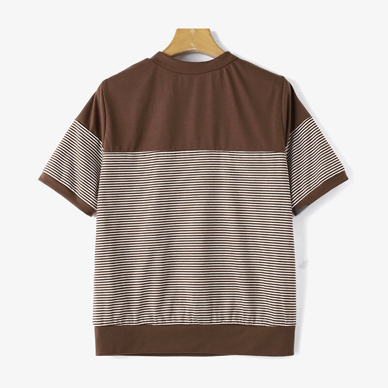 (image for) ZANZEA Women Summer T Shirt Vintage Striped Short Sleeve Tee Korean Fashion Round Neck Patchwork Tunics Casual Knitted Tops