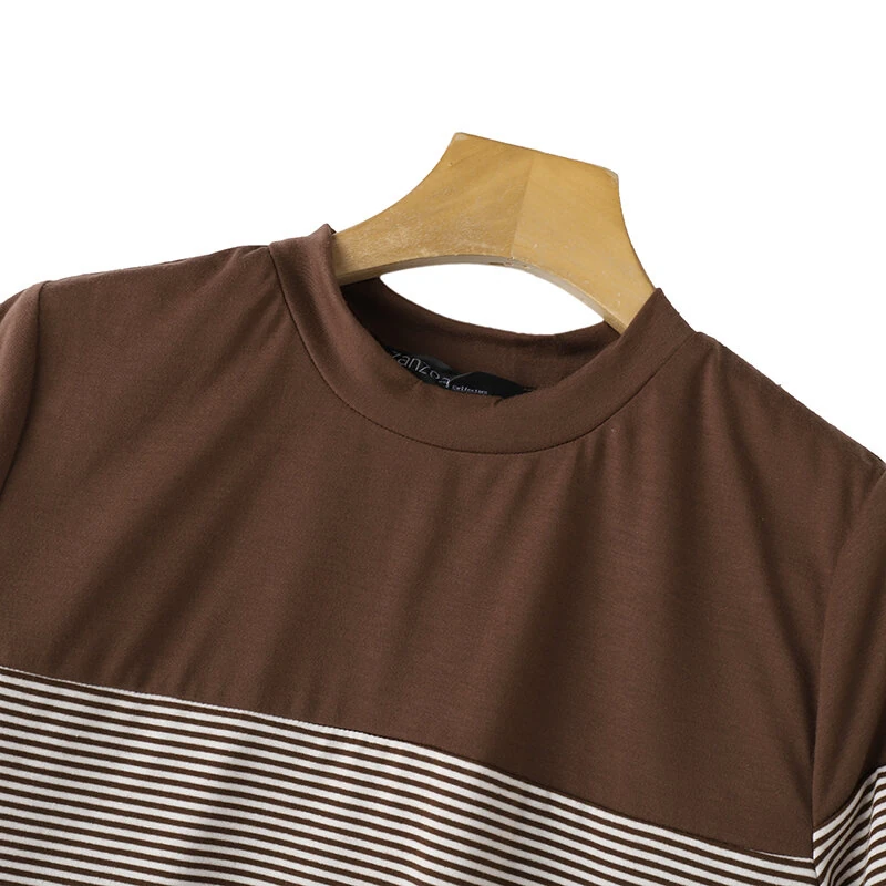 (image for) ZANZEA Women Summer T Shirt Vintage Striped Short Sleeve Tee Korean Fashion Round Neck Patchwork Tunics Casual Knitted Tops