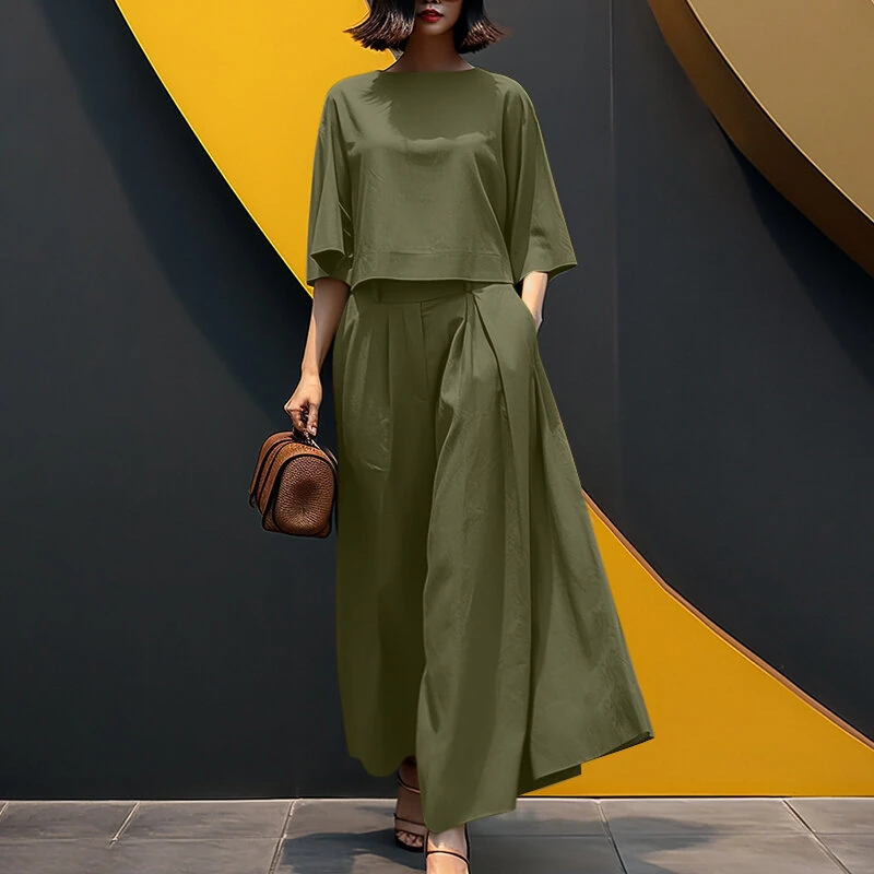(image for) ZANZEA Women Two-piece Outfits 3/4 Sleeve O-Neck Top Elastic Waist Pleated Wide Leg Pants Sets