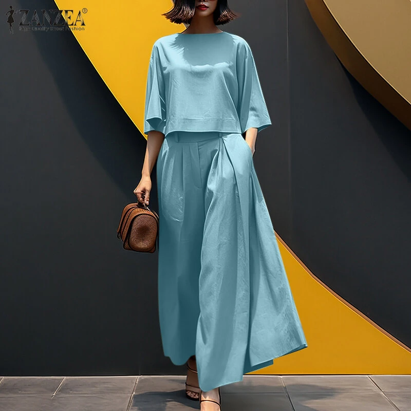 (image for) ZANZEA Women Two-piece Outfits 3/4 Sleeve O-Neck Top Elastic Waist Pleated Wide Leg Pants Sets