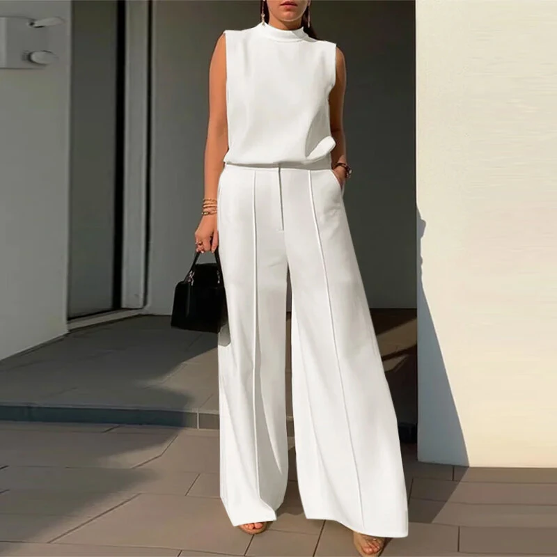 ZANZEA Women Vintage Casual Stand Neck Sleeveless Pleated Wide Leg Tops Trousers (image for) ZANZEA Women Vintage Casual Stand Neck Sleeveless Pleated Wide Leg Tops Trousers