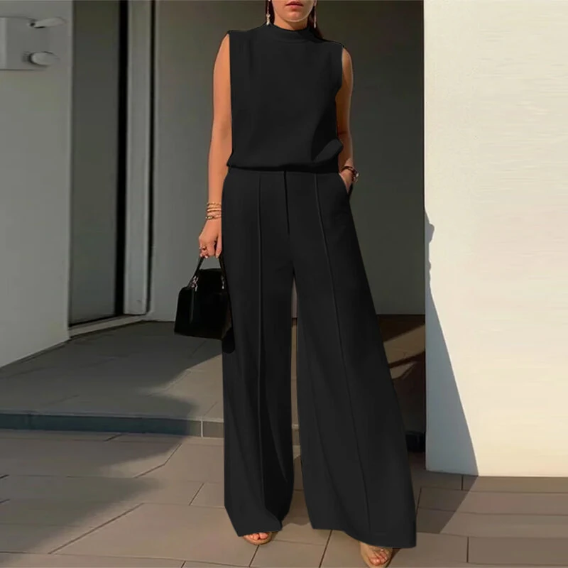 (image for) ZANZEA Women Vintage Casual Stand Neck Sleeveless Pleated Wide Leg Tops Trousers