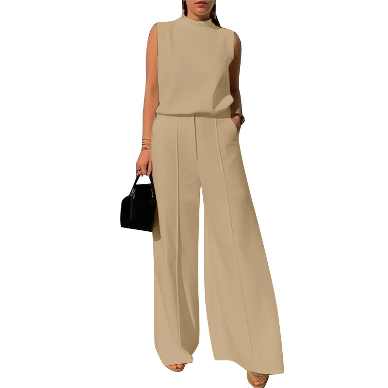 (image for) ZANZEA Women Vintage Casual Stand Neck Sleeveless Pleated Wide Leg Tops Trousers