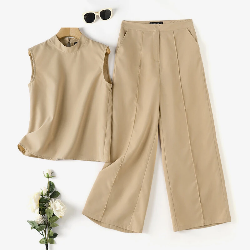 (image for) ZANZEA Women Vintage Casual Stand Neck Sleeveless Pleated Wide Leg Tops Trousers