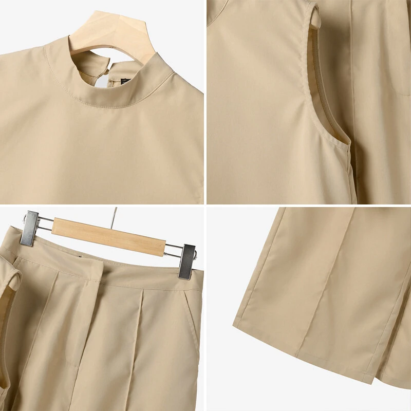 (image for) ZANZEA Women Vintage Casual Stand Neck Sleeveless Pleated Wide Leg Tops Trousers