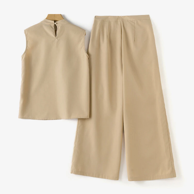 (image for) ZANZEA Women Vintage Casual Stand Neck Sleeveless Pleated Wide Leg Tops Trousers