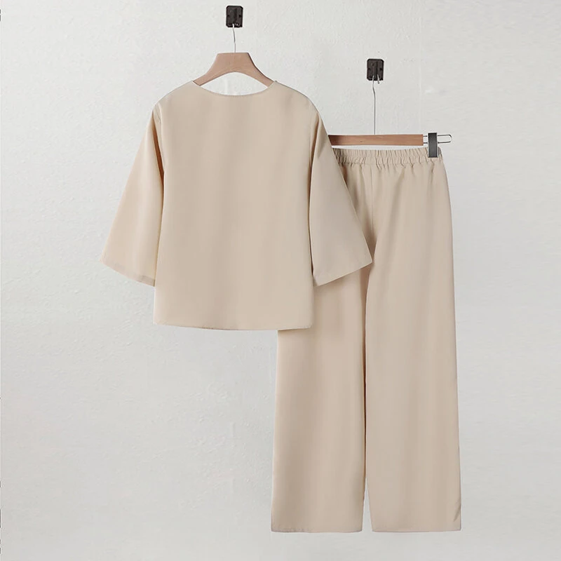 (image for) ZANZEA Women Vintage Crew Neck Long Sleeve Tops Elastic Waist Wide-Legged Pants Sets