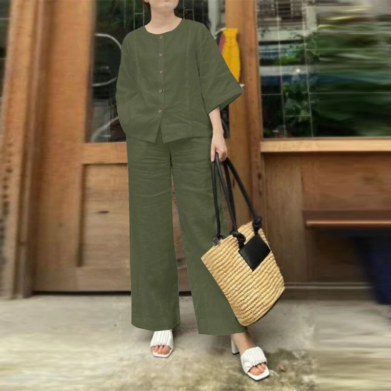 (image for) ZANZEA Women Vintage Crew Neck Long Sleeve Tops Elastic Waist Wide-Legged Pants Sets