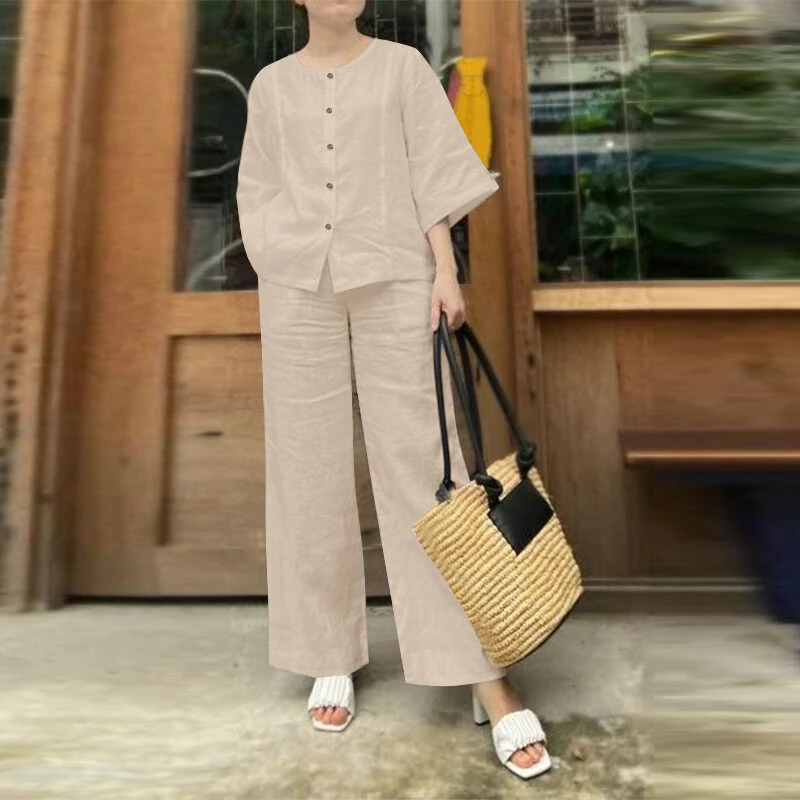 (image for) ZANZEA Women Vintage Crew Neck Long Sleeve Tops Elastic Waist Wide-Legged Pants Sets