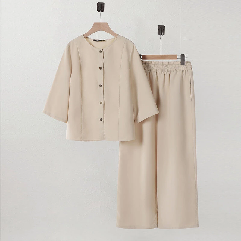 (image for) ZANZEA Women Vintage Crew Neck Long Sleeve Tops Elastic Waist Wide-Legged Pants Sets