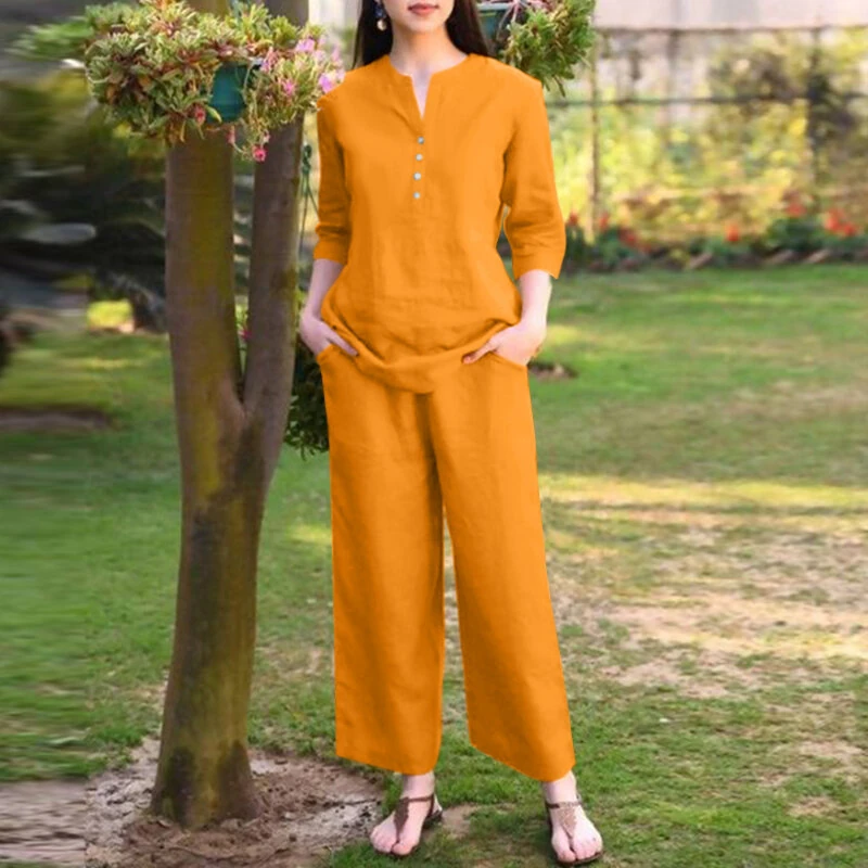 ZANZEA Women Vintage Daily Pockets Elastic Waist Solid Color Tops Trousers Solid Color Two-Piece Set (image for) ZANZEA Women Vintage Daily Pockets Elastic Waist Solid Color Tops Trousers Solid Color Two-Piece Set