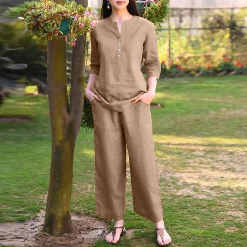 (image for) ZANZEA Women Vintage Daily Pockets Elastic Waist Solid Color Tops Trousers Solid Color Two-Piece Set