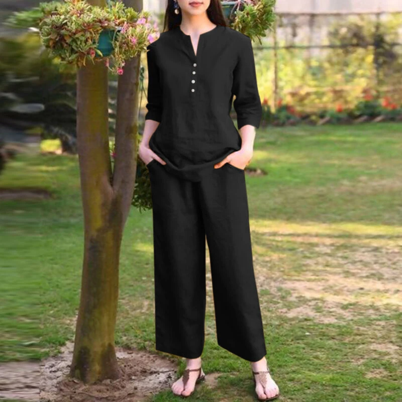 (image for) ZANZEA Women Vintage Daily Pockets Elastic Waist Solid Color Tops Trousers Solid Color Two-Piece Set