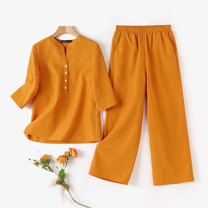 (image for) ZANZEA Women Vintage Daily Pockets Elastic Waist Solid Color Tops Trousers Solid Color Two-Piece Set