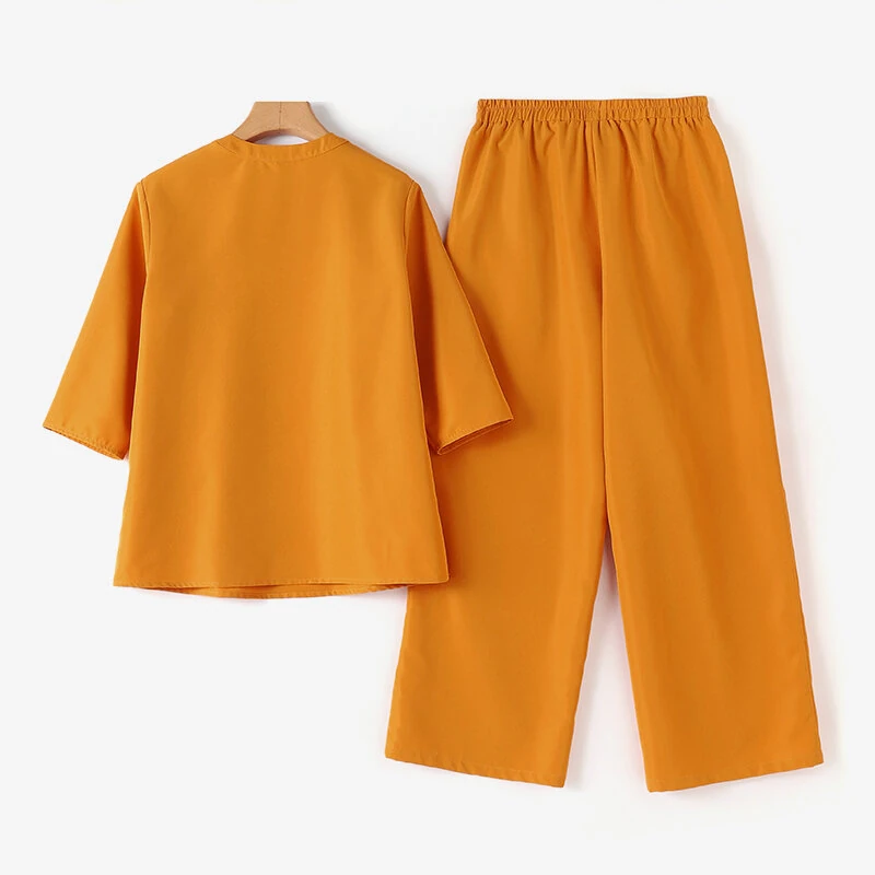 (image for) ZANZEA Women Vintage Daily Pockets Elastic Waist Solid Color Tops Trousers Solid Color Two-Piece Set