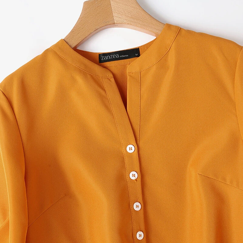 (image for) ZANZEA Women Vintage Daily Pockets Elastic Waist Solid Color Tops Trousers Solid Color Two-Piece Set