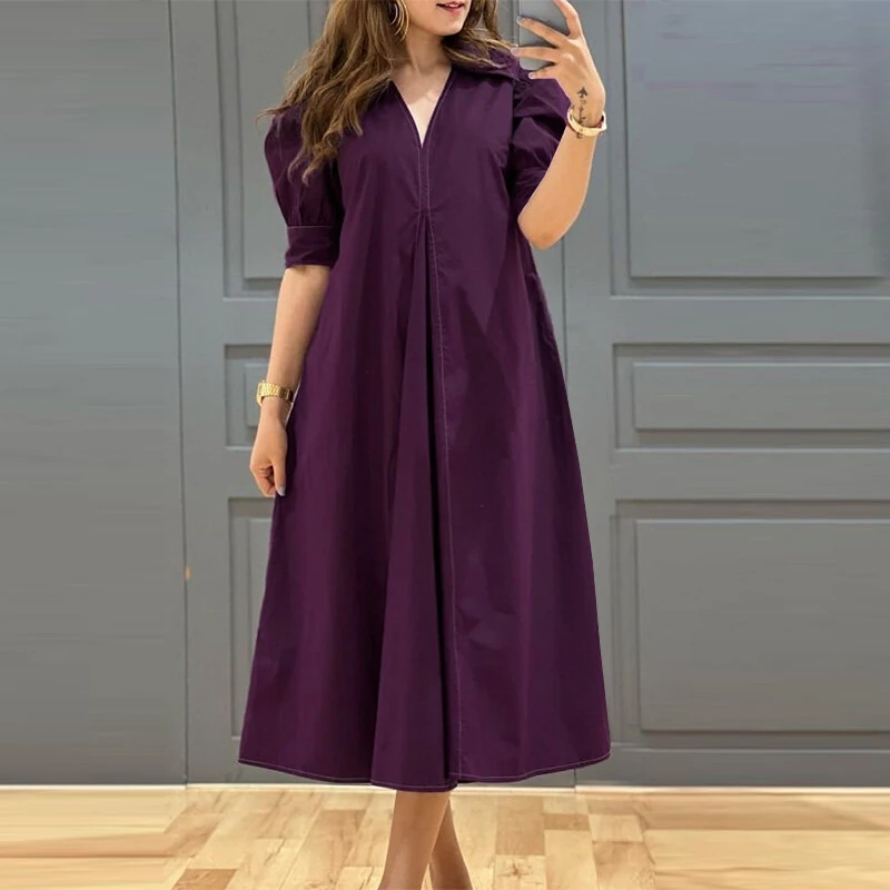 (image for) ZANZEA Women Vintage Fashion Solid Casual V-Neck Short Sleeve Dress Loose Fit with Side Pockets