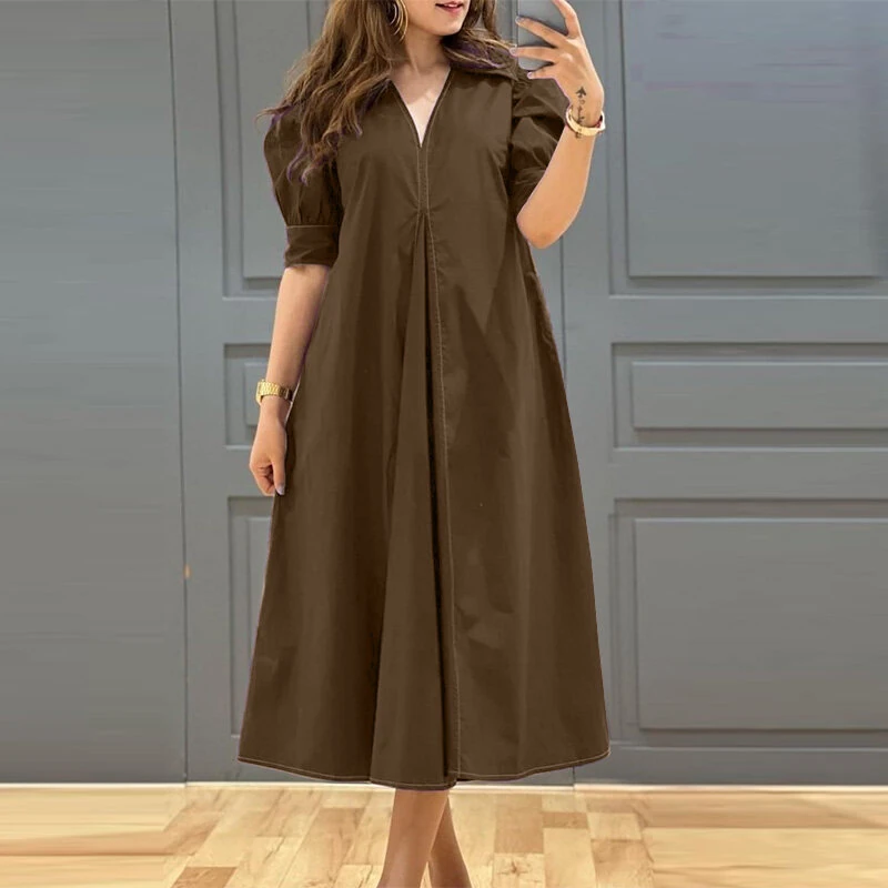 (image for) ZANZEA Women Vintage Fashion Solid Casual V-Neck Short Sleeve Dress Loose Fit with Side Pockets