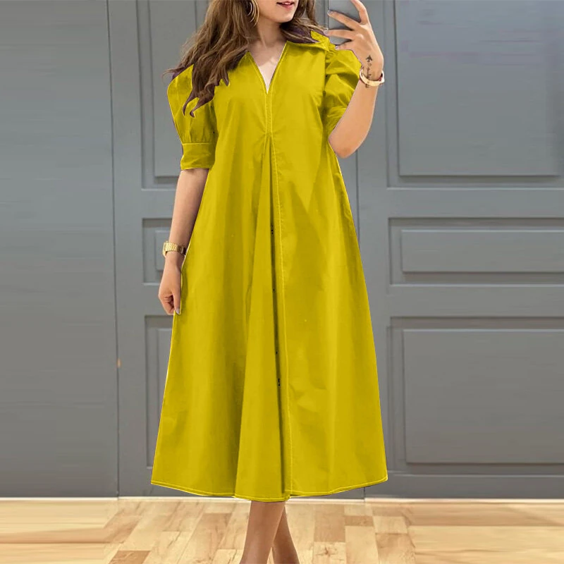 (image for) ZANZEA Women Vintage Fashion Solid Casual V-Neck Short Sleeve Dress Loose Fit with Side Pockets